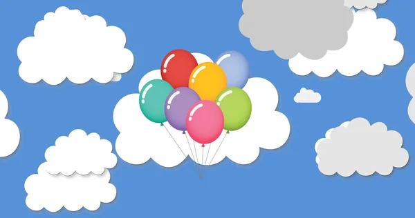 Imagen Múltiples Globos Digitales Multicolores Iconos Flotando Cielo Azul Con — Foto de Stock