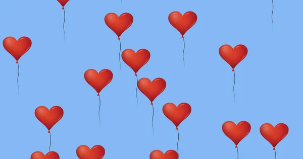 Image of multiple digital red heart shaped balloons love icons floating on blue background. Global online social media concept digitally generated image.