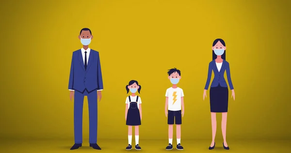 Image of family wearing face masks maintaining social distancing on yellow background. Coronavirus Covid 19 social distancing concept digitally generated image.
