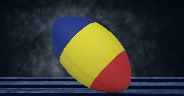 Composición Pelota Rugby Decorada Con Bandera Romania Sobre Fondo Negro — Foto de Stock