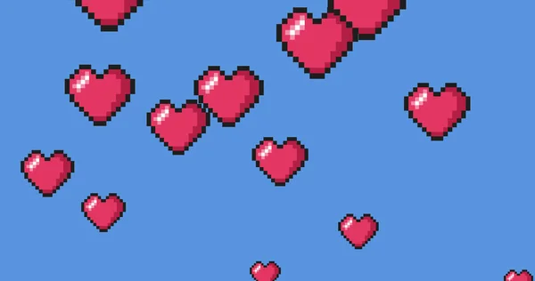 Obraz Wielu Pikseli Serca Poruszających Się Niebieskim Tle Walentynki Romans — Zdjęcie stockowe