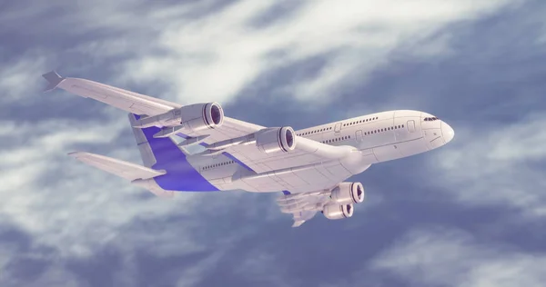 有云彩的数字飞机在天空中的图像 全球运输 旅行和数字接口概念数字生成的图像 — 图库照片