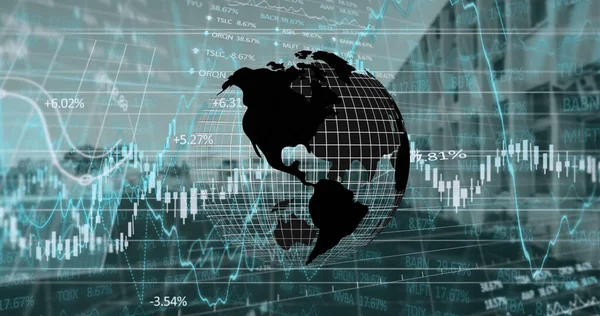 Bild Jordklotet Roterande Över Databehandling Headset Över Hand Finansiell Ekonomi — Stockfoto