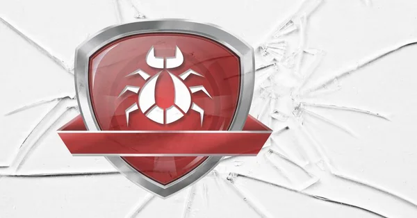Composition of white beetle logo design in red shield on broken glass and white. team or brand logo design concept digitally generated image.