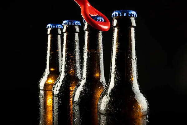 红色开瓶器和四个带蓝色皇冠的啤酒瓶的图像 黑色有复制空间 茶点和长假庆祝概念 — 图库照片