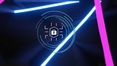 Karanlık arka planda asma kilitli geometrik şekillerin animasyonları. Küresel veri sosyal medya kavramı dijital oluşturulmuş video.