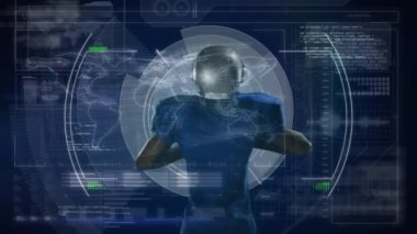 Stadyumdaki Afro-Amerikan erkek Amerikan futbolcusu üzerinde veri işleme animasyonu. Küresel spor, bilgisayar ve dijital arayüz kavramı dijital olarak oluşturulmuş video.