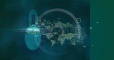 Asma kilit üzerinde veri işleme animasyonu. küresel iş ve dijital arayüz kavramı dijital olarak oluşturulmuş video.