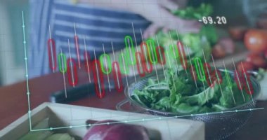 Beyaz bir kadının mutfakta yemek pişirmesi üzerine finansal veri işleme animasyonu. Küresel finansman, ekoloji ve dijital arayüz kavramı dijital olarak oluşturulmuş video.