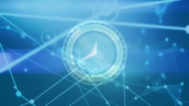 Mavi arkaplandaki bağlantı ağı üzerinden hareket eden saatin animasyonu. Dijital olarak oluşturulmuş küresel bağlantılar, bilgisayar ve dijital arayüz kavramı.