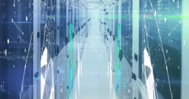 Bilgisayar sunucuları üzerinde matematik denklemleri ve veri işleme animasyonları. Dijital olarak oluşturulmuş küresel bilgisayar ve veri işleme kavramı.