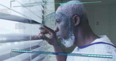 Afrika kökenli yaşlı bir Amerikalı için veri işleme ve virüs hücresinin animasyonu. Küresel tıp, sağlık ve dijital arayüz kavramı dijital olarak üretilen video.
