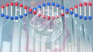 DNA sarmal ve küre hareketli çoklu grafik ve sayılar üzerinde dönüyor. Dijital olarak üretilmiş, hologram, küreselleşme, araştırma, genetik, rapor, finans ve teknoloji.