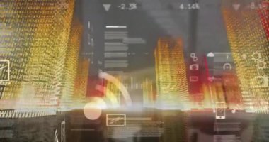 Şehir manzarası üzerinde seviye yükseltilmiş metin canlandırması. Sosyal medya ve iletişim arayüzü kavramı dijital olarak oluşturulmuş video.