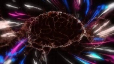 Siyah zemin üzerindeki ışık izlerinin üzerindeki dijital beynin animasyonu. Küresel teknoloji ve dijital arayüz konsepti dijital olarak oluşturulmuş video.