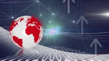 Dünya ve oklar üzerinde veri işleme animasyonu. Küresel iş ve dijital arayüz kavramı dijital olarak oluşturulmuş video.