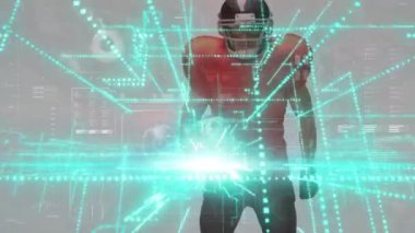 Kafkas erkek rugby oyuncusu üzerinde veri işleme animasyonu. Küresel spor ve dijital arayüz kavramı dijital olarak oluşturulmuş video.