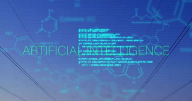 Sütunlar ve veri işleme üzerine yapay zeka metninin animasyonu. Küresel iş ve dijital arayüz kavramı dijital olarak oluşturulmuş video.