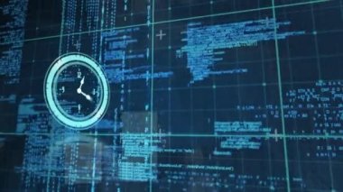 Şebekedeki veri işleme üzerinde çalışan saatin animasyonu. Dijital olarak oluşturulmuş küresel bilgisayar ve veri işleme kavramı.