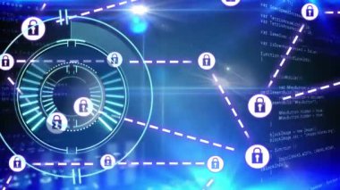 Bağlantı ağı üzerinden tarama alanının animasyonu. Dijital arayüz ve teknoloji konsepti dijital olarak oluşturulmuş video bağlantıları.