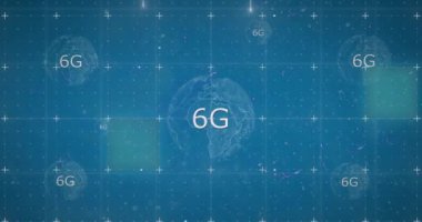 Mavi arka planda 6G metni olan dünya üzerindeki parazitin animasyonu. Küresel teknoloji, bilgisayar ve dijital arayüz kavramı dijital olarak oluşturulmuş video.