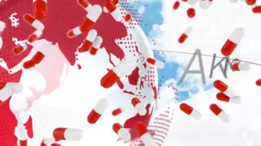 Küreye ve bulutlara düşen hapların animasyonu. Küresel iş ve dijital arayüz kavramı dijital olarak oluşturulmuş video.