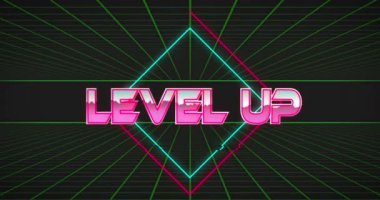 Animation of level up text over shapes. Social media and digital interface concept digitally generated video.