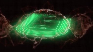Yeşil neon spor stadyumunda dönen insan beyni ve DNA iplikçiklerinin animasyonu. Küresel spor, rekabet ve veri işleme kavramı dijital olarak oluşturulmuş video.
