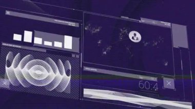 Çubuk grafik, profil simgeleri, haritalar, dalgalar ve dijital zamanlayıcı üzerindeki hata tekniğinin animasyonu. Dijital olarak üretilmiş, hologram, iletişim, rapor, finans, geri sayım ve teknoloji kavramı.