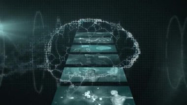 Veri işleme üzerinde dönen beyin animasyonu. Küresel iş ve dijital arayüz kavramı dijital olarak oluşturulmuş video.