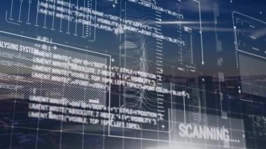 Şehir manzarası üzerinde veri işleme animasyonu. küresel iş ve dijital arayüz kavramı dijital olarak oluşturulmuş video.