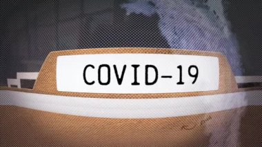 VR kulaklık kullanan Kafkasyalı bir adam için Cavid 19 komplo metni içeren dosyanın animasyonu. Dijital olarak üretilen küresel covid 19 salgın konsepti.