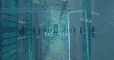 Dijital veri işleme ve dijital arayüz animasyonu ve mavi arkaplan üzerindeki ızgara. Küresel veri işleme kavramı dijital oluşturulmuş video.