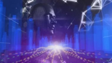 Dijital şehir ve insan kafasının üzerindeki ışık izlerinin animasyonu. Küresel teknoloji, bilgisayar ve dijital arayüz kavramı dijital olarak oluşturulmuş video.