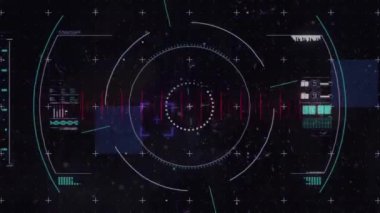 Siyah arkaplandaki karelerin üzerinde tarama ve veri işleme alanlarının animasyonu. Küresel teknoloji ve dijital arayüz konsepti dijital olarak oluşturulmuş video.