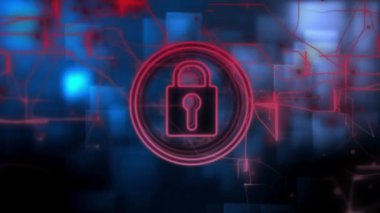 Siyah arkaplandaki karelerin üzerindeki asma kilit simgesinin canlandırılması. Küresel teknoloji ve dijital arayüz konsepti dijital olarak oluşturulmuş video.