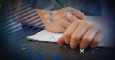 Kafkasyalı okul çocuğu üzerinden finansal veri işleme animasyonu. Küresel eğitim, finans ve dijital arayüz kavramı dijital olarak oluşturulmuş video.