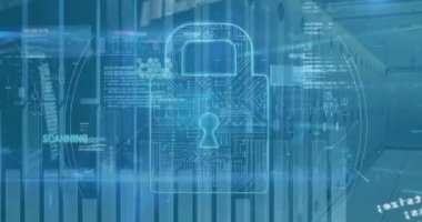 Dijital veri işleme ve dijital arayüz animasyonu ve mavi arkaplan üzerindeki ızgara. Küresel veri işleme kavramı dijital oluşturulmuş video.