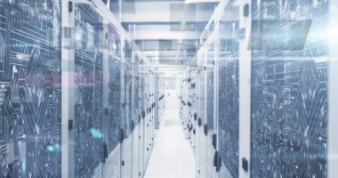 Bilgisayar sunucularında tarama ve veri işleme dürbünlerinin animasyonu. Küresel veri işleme, hesaplama ve bağlantılar konsepti dijital olarak oluşturulmuş video.