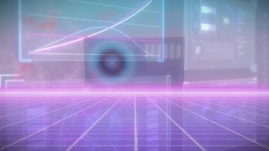 Dijital veri işleme ve dijital arayüz animasyonu ve mavi arkaplan üzerindeki ızgara. Küresel veri işleme kavramı dijital oluşturulmuş video.