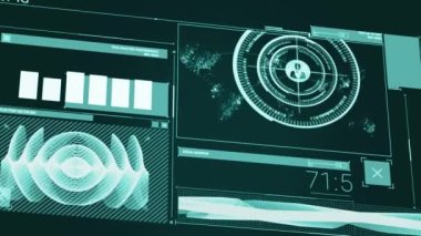 Çizgilere bağlanan grafik, harita ve profil simgeleriyle bilgi arayüzü animasyonu. Dijital olarak üretilmiş, hologram, rapor, finans, küresel iletişim ve teknoloji kavramı.