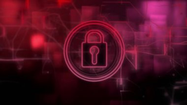 Siyah arkaplandaki karelerin üzerindeki asma kilit simgesinin canlandırılması. Küresel teknoloji ve dijital arayüz konsepti dijital olarak oluşturulmuş video.