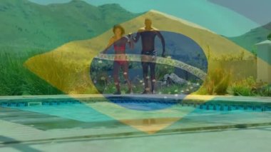 Havuzda yüzen mutlu Afro-Amerikan çiftin üstünde Brezilya sallaması. Tatil ve yaz konsepti dijital olarak oluşturulmuş video.