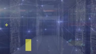 Sunucu odasında veri işleme animasyonu. küresel iş ve dijital arayüz kavramı dijital olarak oluşturulmuş video.