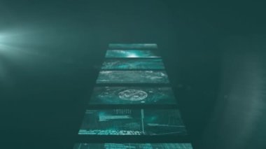 Gri arkaplanda veri işleme animasyonu. küresel iş ve dijital arayüz kavramı dijital olarak oluşturulmuş video.