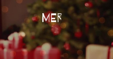 Ağaçtaki yanıp sönen ışıkların üzerinde çobanpüskülü filizli beyaz yazılar olan mutlu noel animasyonu. Noel, selamlama, gelenek ve dijital olarak üretilen video konsepti.