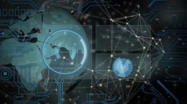 Şekiller ve dünya üzerinde veri işleme animasyonu. Küresel iş ve dijital arayüz kavramı dijital olarak oluşturulmuş video.