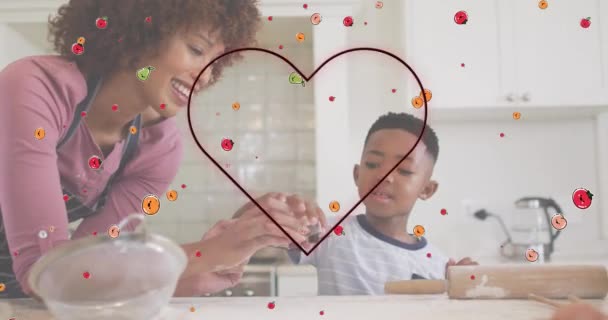 Animation Rødt Hjerte Frugter Lykkelig Afrikansk Amerikansk Mor Søn Bagning – Stock-video