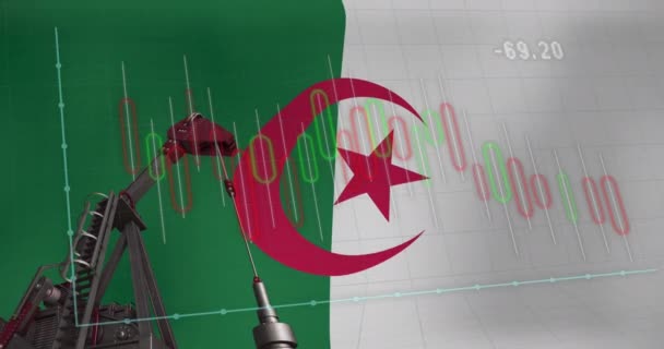 Animatie Van Financiële Gegevensverwerking Vlag Van Algeria Boven Oliepomp Wereldwijd — Stockvideo