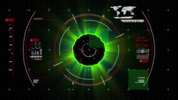 Анімація Сканування Прицілу Над Обробкою Даних Чорному Тлі Глобальна Технологія — стокове відео